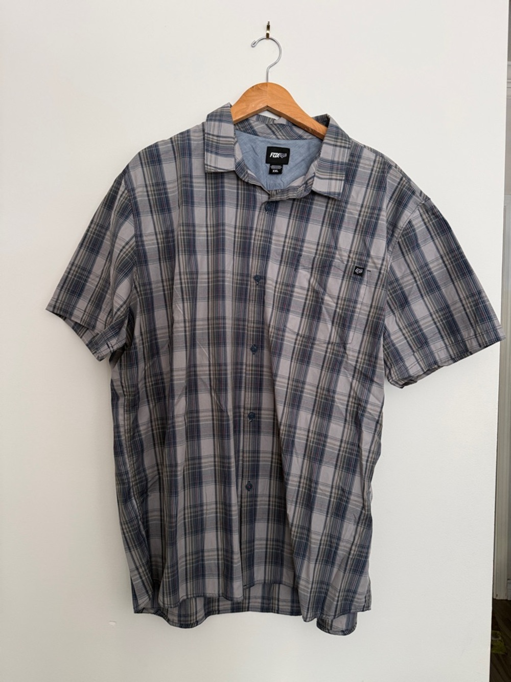 Fox Short-Sleeve Gray and Blue Plaid Button-Down Shirt